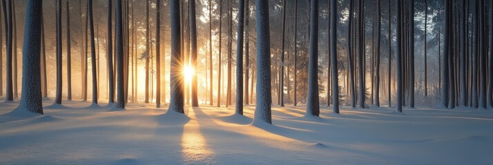 Canvas Print - Sunlight shining through snowy forest