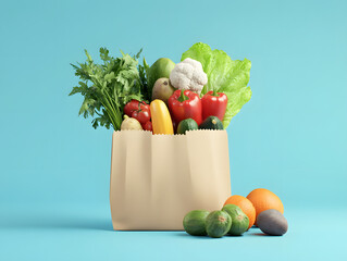 Canvas Print - fresh food in a paper bag for products 3d render on blue gradient