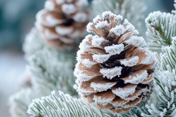 Sticker - Frost-Covered Pine Cone and Needles on a Branch