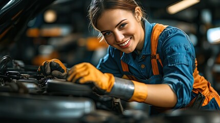 Sticker - Portrait of a smiling mechanic woman working in a car.