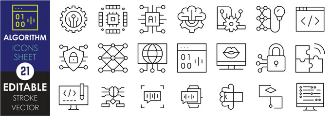 a set of line icons related to algorithm. machine learning, coding, cyber, security, coding, solutio