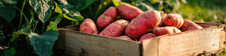 Poster - sweet potato in a box on the farm. Selective focus