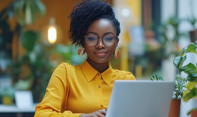 Confident Young Black Woman Working on Laptop in Modern Office during Daylight, Professional Entrepreneur in Yellow Blouse, Urban Loft Workspace, Business and Technology, Generative AI