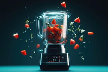 A dynamic blender with strawberries and greens in motion on a dark background.