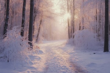 Poster - A Snowy Path Through a Sunlit Winter Forest