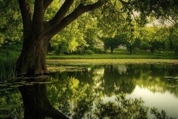 Peaceful pond reflection in lush green park