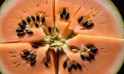 A close-up of a watermelon slice, revealing its bright orange flesh and scattered seeds