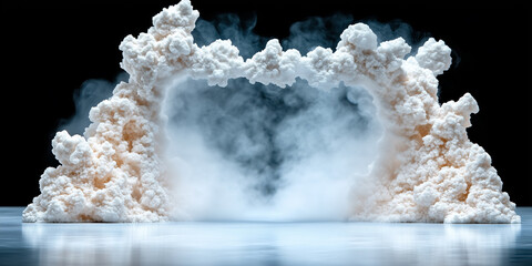 A large cloud of white smoke is blowing through a tunnel