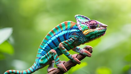 Wall Mural - Colorful chameleon perched on branch amidst vibrant greenery in a lush forest setting