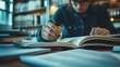 © stardadw007 - A person studying in a library, focused on writing in a notebook, surrounded by books and a calm, scholarly atmosphere.