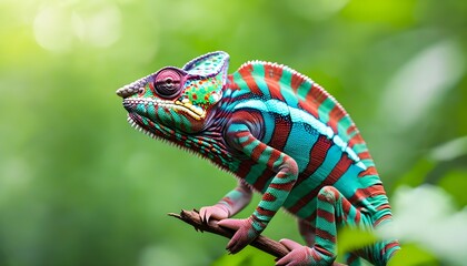 Colorful chameleon perched on branch amidst vibrant greenery in a lush forest setting