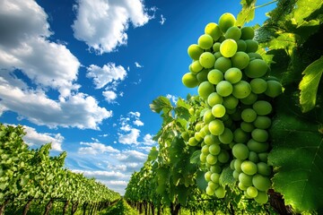 Lush green grape vineyard under blue sky with clouds