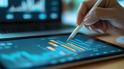 A close-up of a person hand using a stylus to highlight key data points on a financial graph displayed on a tablet, with a laptop and financial reports visible in the background