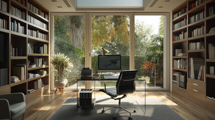 Wall Mural - sleek modern home office with clean lines, glass desk, ergonomic chair, and large bookshelves, frame