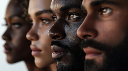 Four diverse individuals posing closely together, showcasing unique facial features against a soft background during golden hour