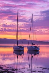 Wall Mural - Serene sunset over tranquil lake with sailboats