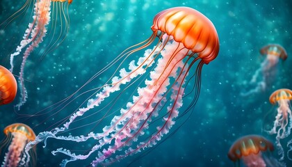 Wall Mural - Translucent orange jellyfish gracefully drifting with long tentacles in serene blue waters