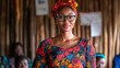 © EEKONG - Empowered woman in colorful attire stands confidently in community setting, showcasing her leadership and dedication to social causes. Her vibrant outfit reflects cultural pride and commitment