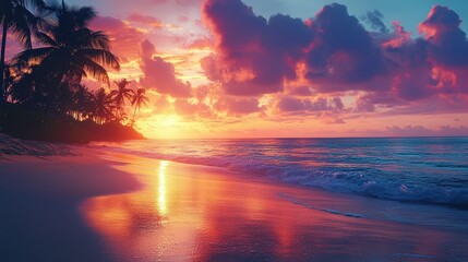 Aufkleber - The sun sets beautifully over a serene beach, casting brilliant colors across the sky and reflecting on the water. Palm trees frame the picturesque scene, enhancing the tropical vibe