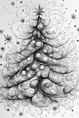 Canvas Print - A detailed black and white drawing showcases a uniquely designed Christmas tree featuring swirling branches, decorative elements, and scattered stars, creating a festive atmosphere