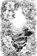 Fototapete - An elegant design showcases waves, intertwining flowers, and dynamic clouds, all rendered in black and white, creating a visually striking and harmonious piece