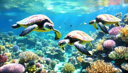 Graceful sea turtles gliding through colorful coral reefs in a radiant underwater paradise