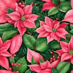 Poster - Lush pink poinsettia blooms interspersed with rich green leaves form a colorful botanical display, embodying the spirit of the festive season