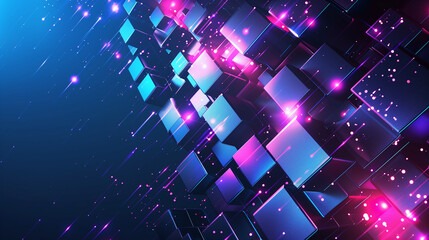 Poster - abstract background neon glowing lights and black cubes , futuristic technology wallpaper, digital cyber tech backdrop