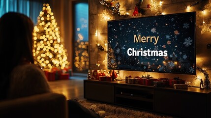 Wall Mural - A person sits comfortably on a couch, enjoying a holiday movie as Christmas lights shimmer in the background, creating a warm and inviting atmosphere