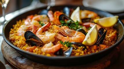 Sticker - A vibrant seafood paella features fresh shrimp and mussels, garnished with lemon wedges, served in a rustic pan at a cozy restaurant during dinner