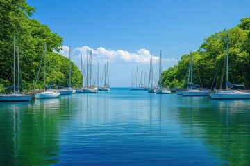 Poster - Serene marina with sailboats and lush greenery