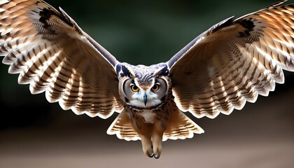 Poster - Majestic owl soaring through the air with outstretched wings and piercing gaze fixed on the viewer