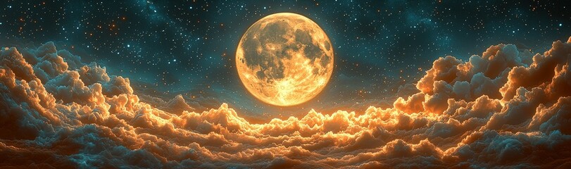 Poster - A vivid full moon shines brightly against a backdrop of twinkling stars, casting an orange glow over fluffy clouds, creating a serene and enchanting atmosphere at night