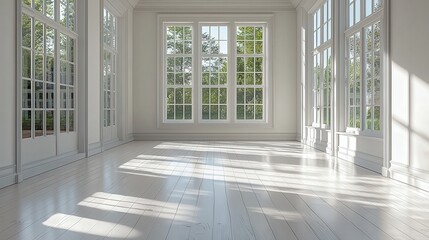 Poster - The bright, empty room features large windows allowing sunlight to flood in, illuminating the polished wooden floors. Surrounding greenery adds tranquility to the peaceful atmosphere