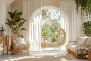Poster - A bright and airy living room features rattan chairs and a hanging chair, bathed in natural light from large windows, with greenery visible outside