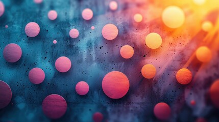 Fototapete - A vibrant arrangement of circles in shades of pink and orange floats over a textured blue surface, illuminated by warm light, creating an energetic abstract design
