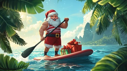 Canvas Print - A jolly figure dressed as Santa Claus paddles on a vibrant red surfboard, surrounded by tropical greenery and blue waters, delivering holiday cheer