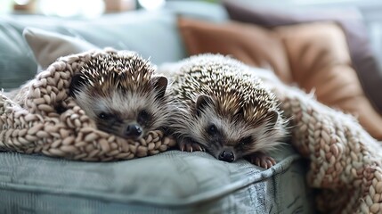 a small hedgehog curled up on a cozy living room couch