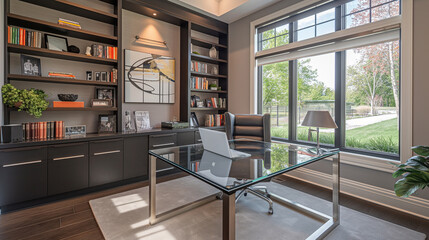 Wall Mural - sleek modern home office with clean lines, glass desk, ergonomic chair, and large bookshelves, frame