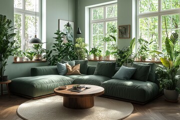 Poster - This inviting living space features a plush green sectional sofa surrounded by numerous indoor plants, creating a serene and tranquil atmosphere filled with sunlight