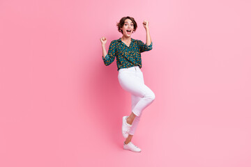 Poster - Full body photo of impressed ecstatic girl dressed stylish shirt white pants scream yeah win lottery isolated on pink color background