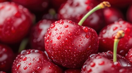 Sticker - This image captures lush red cherries with gleaming water droplets, showcasing their ripe and juicy appeal, perfect for healthy eating and culinary presentations.