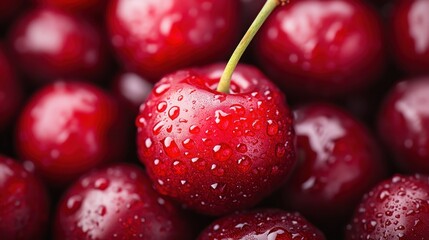 Sticker - This vibrant image shows a close-up view of fresh cherries with water droplets, highlighting their rich red color and juicy texture, perfect for fresh and healthy imagery.