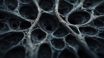 A close-up view of a complex, dark biological or synthetic texture, featuring an intricate pattern of web-like structures and holes, evoking a sense of mystery.