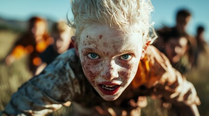 A person is seen crawling through a field with intense focus during daytime. The image captures determination, struggle, and the connection with nature and outdoor elements.