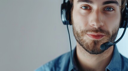 Wall Mural - Image of a male customer service agent in an office setting, using a headset for telemarketing, consulting, and providing support during client interactions