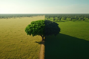 Lush green tree dividing two contrasting landscapes, symbolizing nature's balance on a clear day.