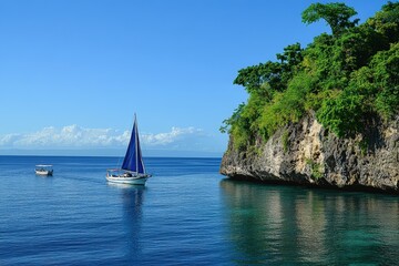 Poster - Scenic view of a blue sailboat on a calm ocean surrounded by lush green cliffs