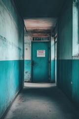 Wall Mural - A dimly lit corridor leading to a closed door with a warning sign.