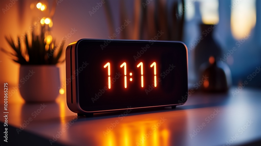Digital Clock Displaying 11:11 on Modern Nightstand with Soft Ambient ...
